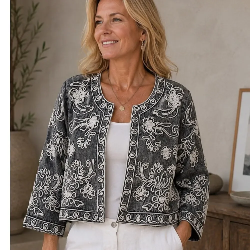 Soft Surroundings Embroidered Cropped Boho Jacket Gray White Small